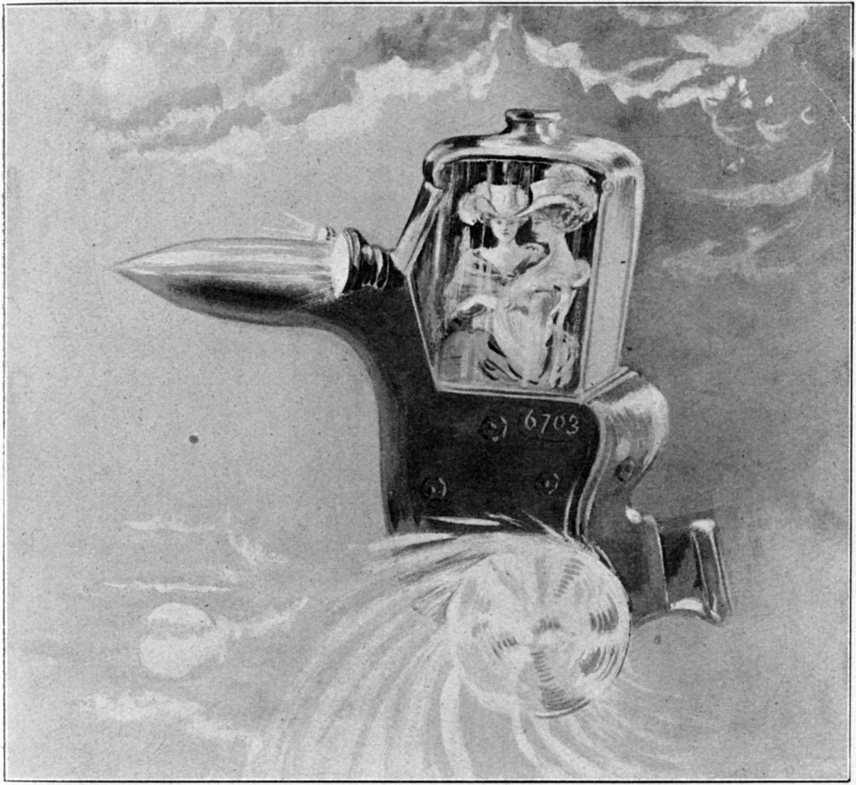 Albert Robida's Flying Cab No. 6703 Carrying Elegant Passengers, c.1890s