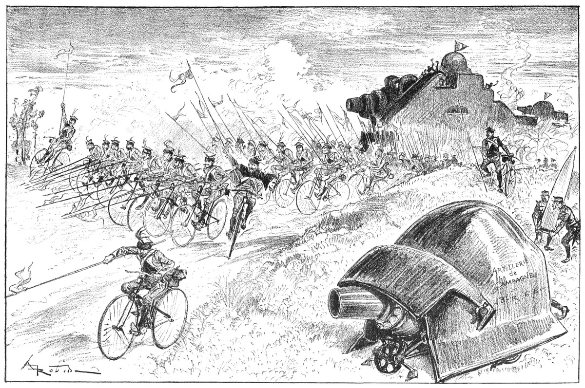 Albert Robida's Future Warfare — La Vie Électrique Bicycle Army vs. Armored Tanks