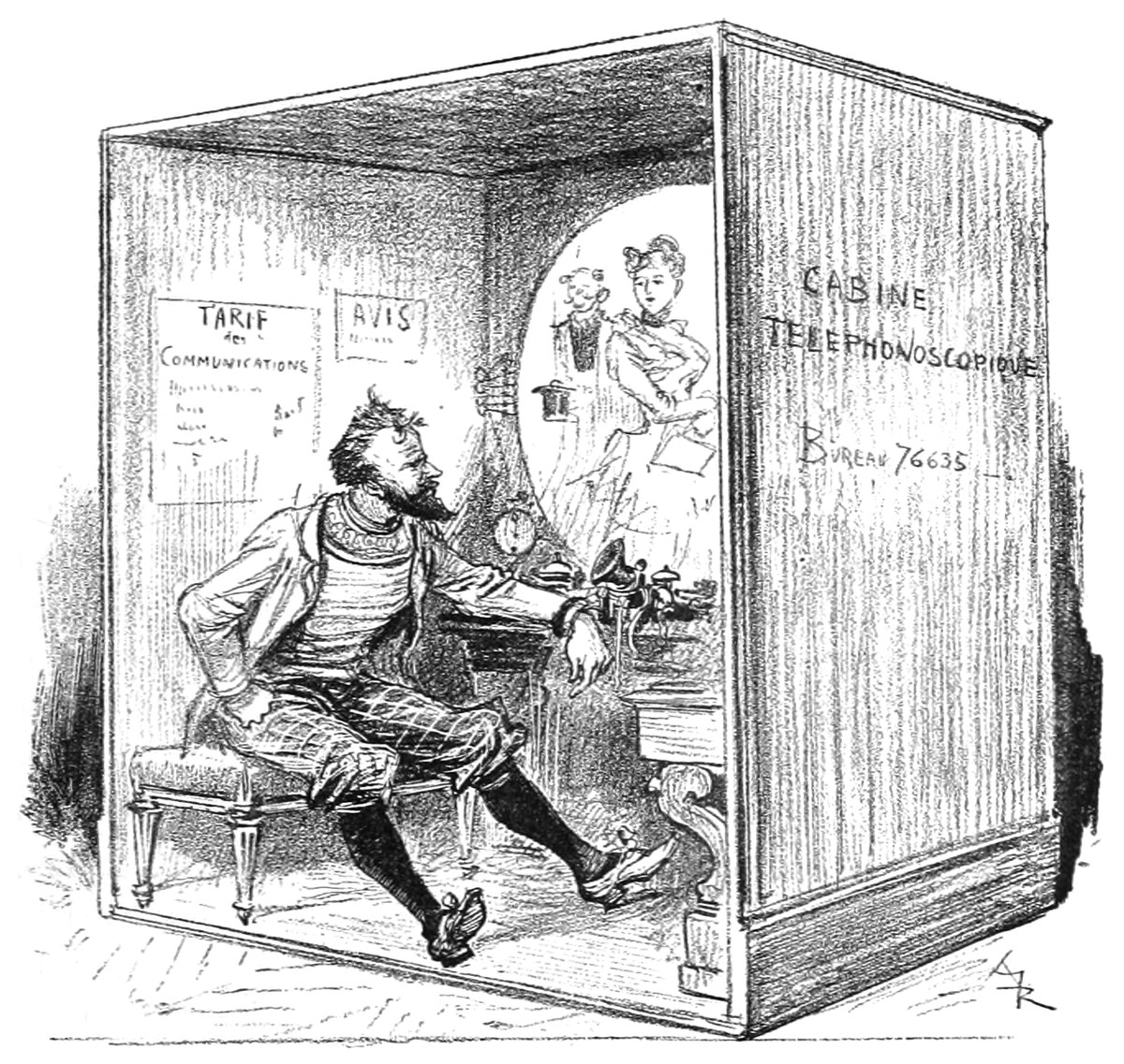 Albert Robida's Cabine Téléphonnoscopique – La Vie Électrique, c.1890