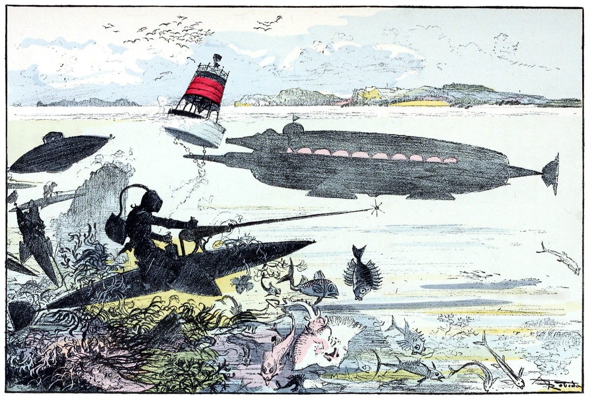 Albert Robida's Undersea Submarine Scene – La Vie Électrique, c.1890