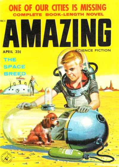 Amazing Science Fiction April 1958 — Boy Astronaut Rescues Dog on Alien World