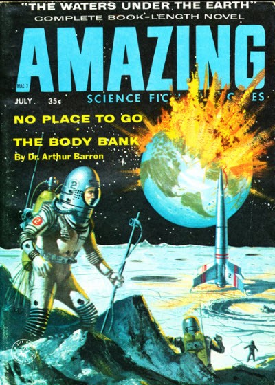 Amazing Stories July 1958 – Lunar Astronauts Watch Earth Explosion Cover
