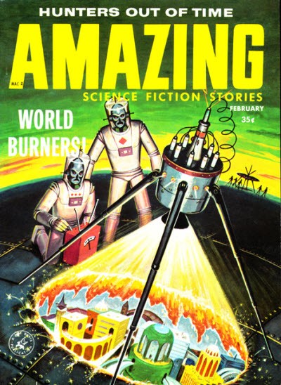Amazing Stories Feb 1958 – Armored Giants Incinerate City with Death Ray
