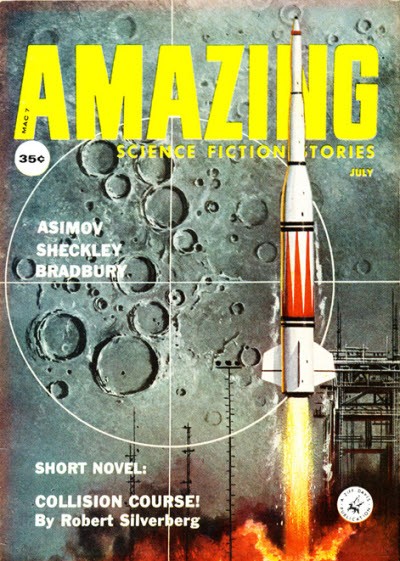Amazing Science Fiction Stories July — Rocket Launch with Moon Target, Silverberg Cover
