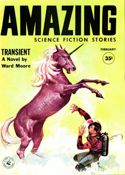 Unicorn vs. Spaceman: Amazing Science Fiction Stories Feb 1958 Cover