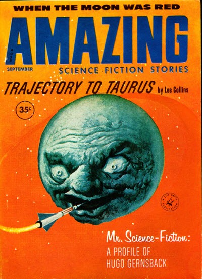 Amazing Stories September 1958 — Leering Moon Face Swallows Rocket, Trajectory to Taurus