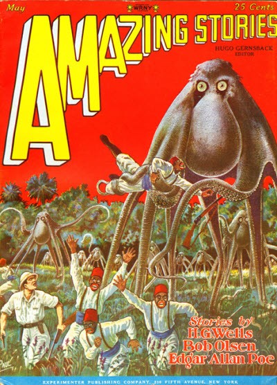 Martian Tripod Invasion, Amazing Stories May 1927 — H.G. Wells Cover