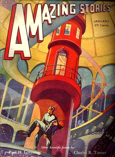 Amazing Stories January Cover: Man Carried Up Luminous Tower Shaft