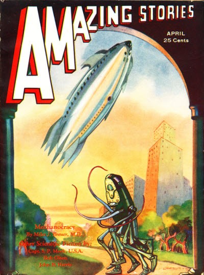 Amazing Stories April 1932 — Robot & Airship 'Mechaocracy' Cover Art