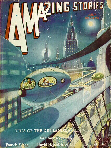 Amazing Stories July 1930s Monorail Cityscape 'Thia of the Drylands' Cover