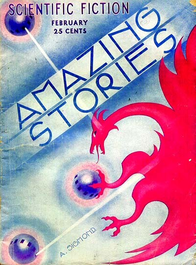 Crimson Dragon Clutches Cosmic Sphere, Amazing Stories February Cover