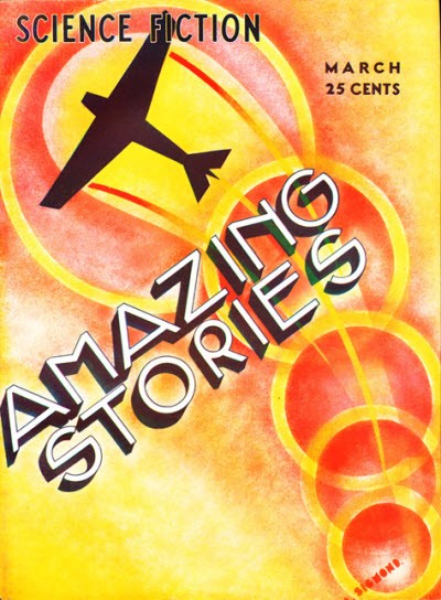 Amazing Stories March Issue Cover — Abstract Airplane Over Glowing Spheres, 1930s