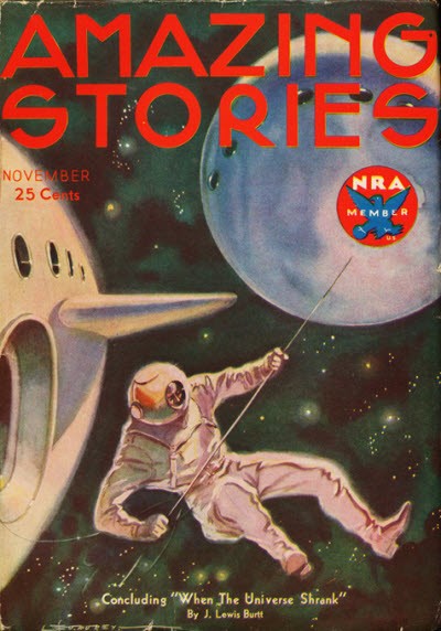 Spacewalking Astronaut Tethered in Void, Amazing Stories November 1933