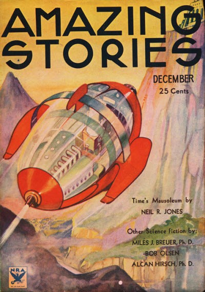 Amazing Stories Dec 1933 — Transparent Time-Travel Rocket Over Alien Canyon
