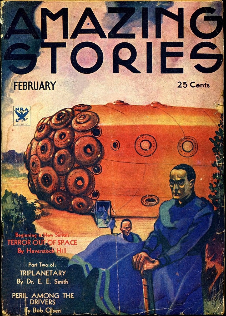 Amazing Stories Feb 1934 — Alien Overlord & Spherical Spacecraft Cover