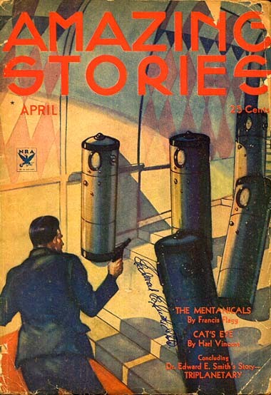 Amazing Stories April 1934 — Gunman Confronts Robot Cylinders, 'Mentanicals'