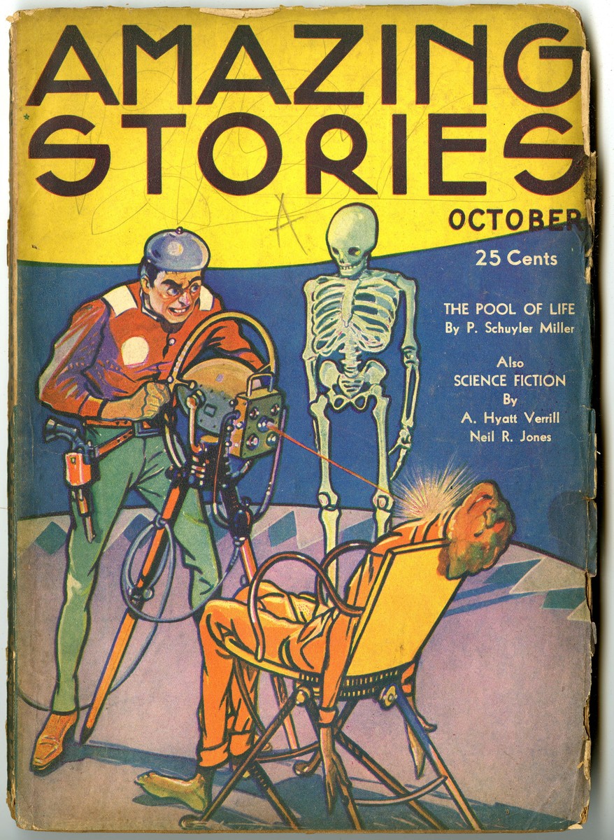 Ray Beam Strips Man to Skeleton, Amazing Stories October 1933