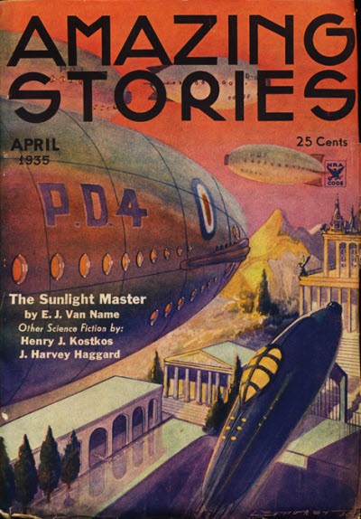 Amazing Stories April 1935 — Zeppelin P.D.4 Over Futurist City