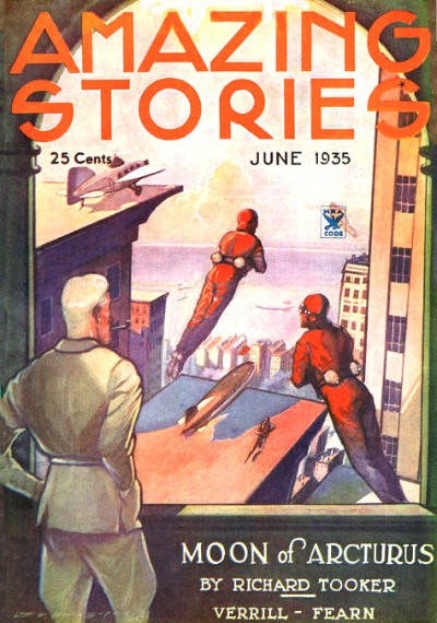 Rocket-Pack Soldiers Launch Over Futuristic City, Amazing Stories June 1935