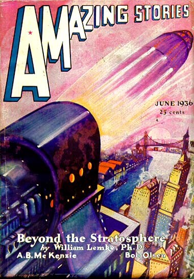 Stratospheric Rocket Bombardment Over Future City, Amazing Stories June 1936