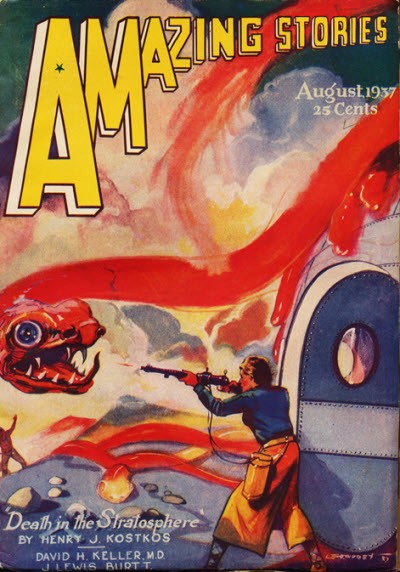 Amazing Stories Aug 1937 – Hero Battles Giant Serpent Beast in Stratosphere