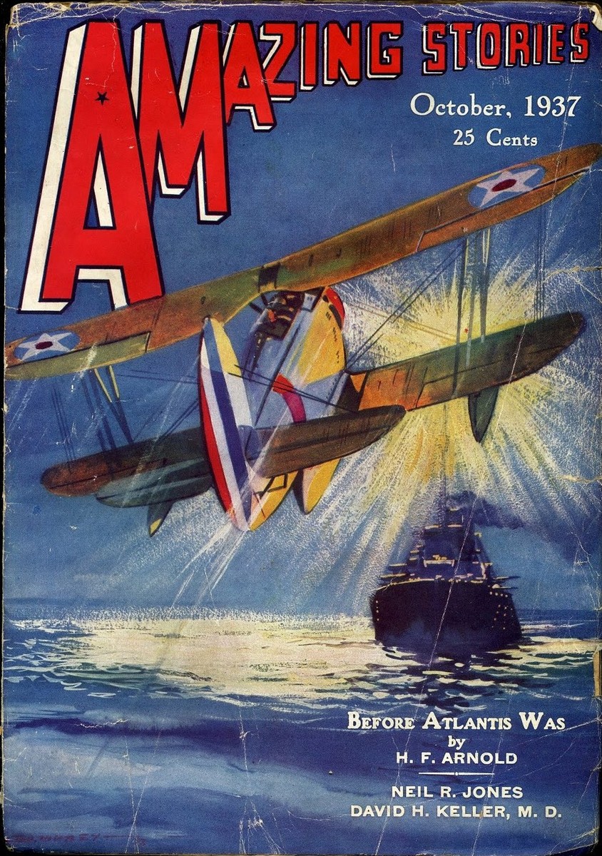 Amazing Stories Oct 1937: Biplane Attacks Warship with Ray Weapon