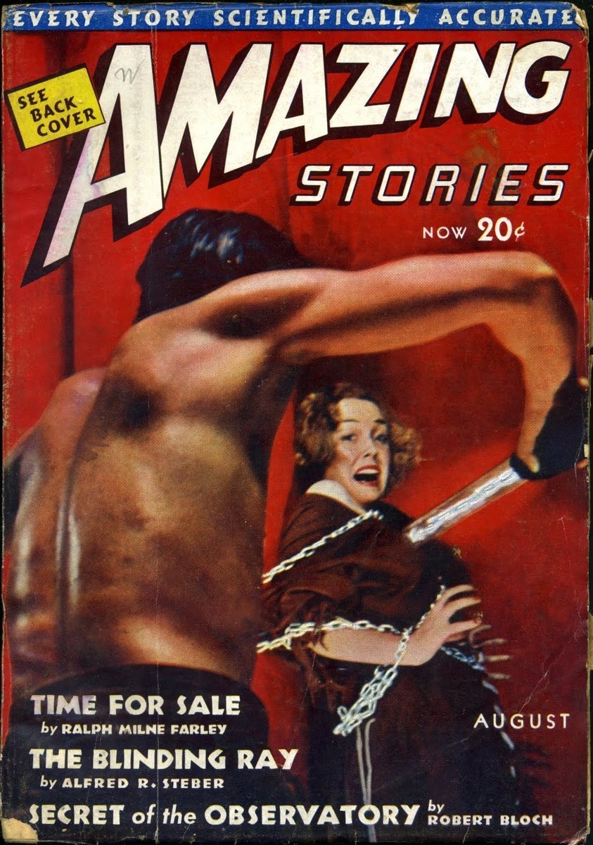 Amazing Stories August 1939 — Giant Mutant Threatens Chained Woman in Red