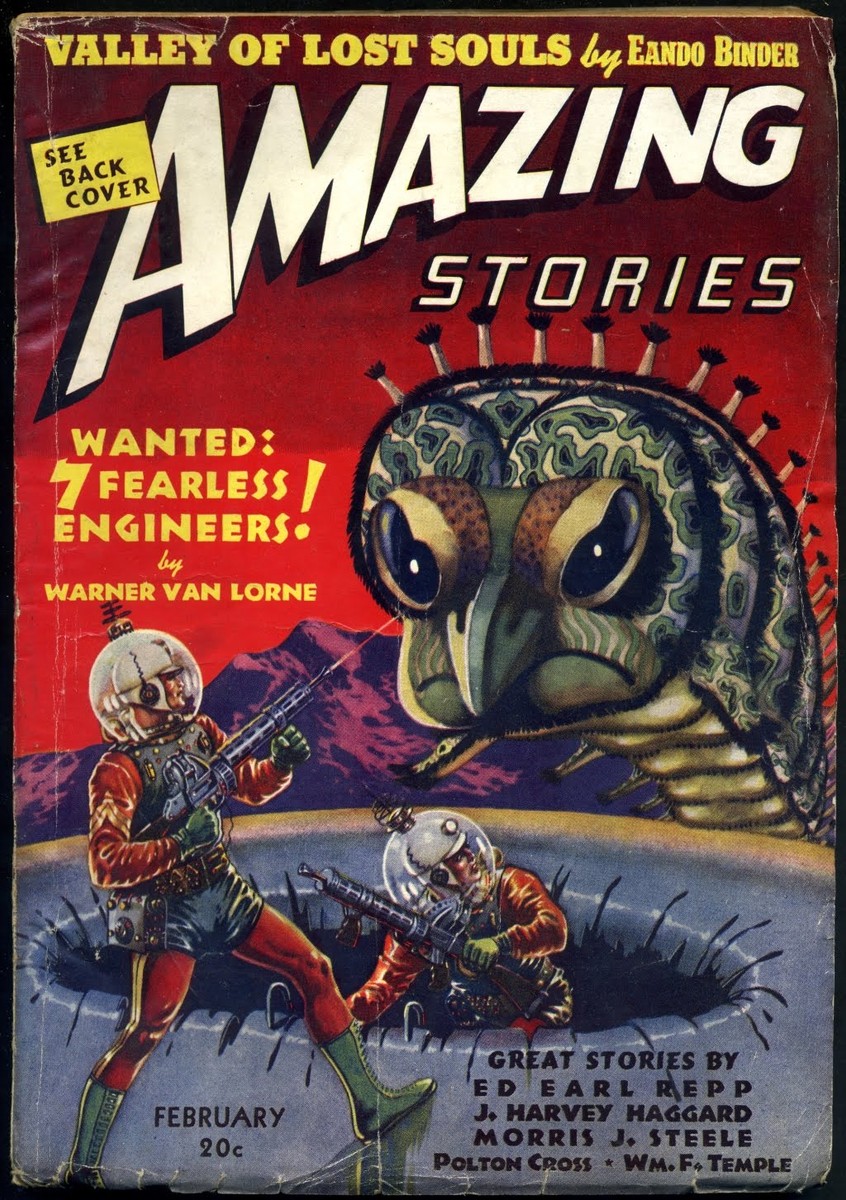 Giant Insectoid Alien vs. Space-Suited Heroes, Amazing Stories Feb 1939