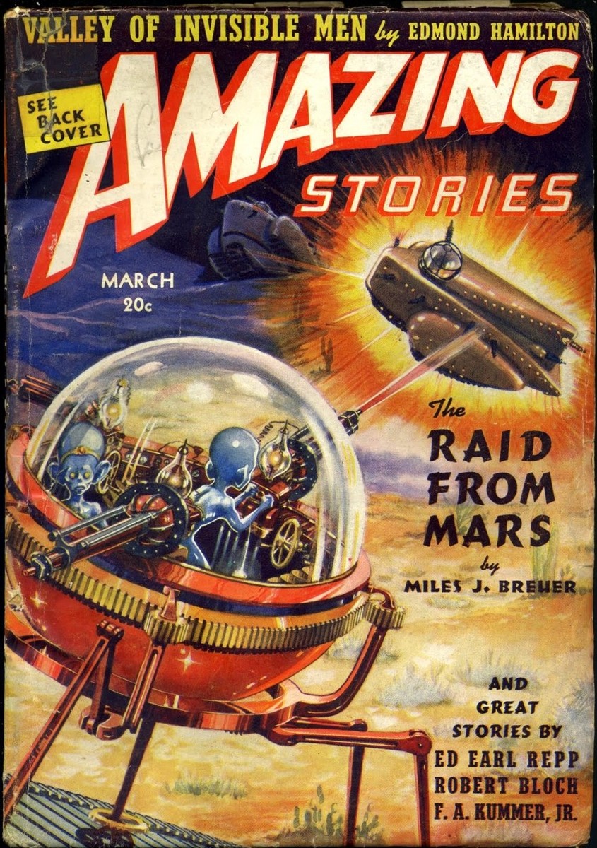 Martian Invaders Fire Ray-Guns from Glass Dome Ship, Amazing Stories March 1939