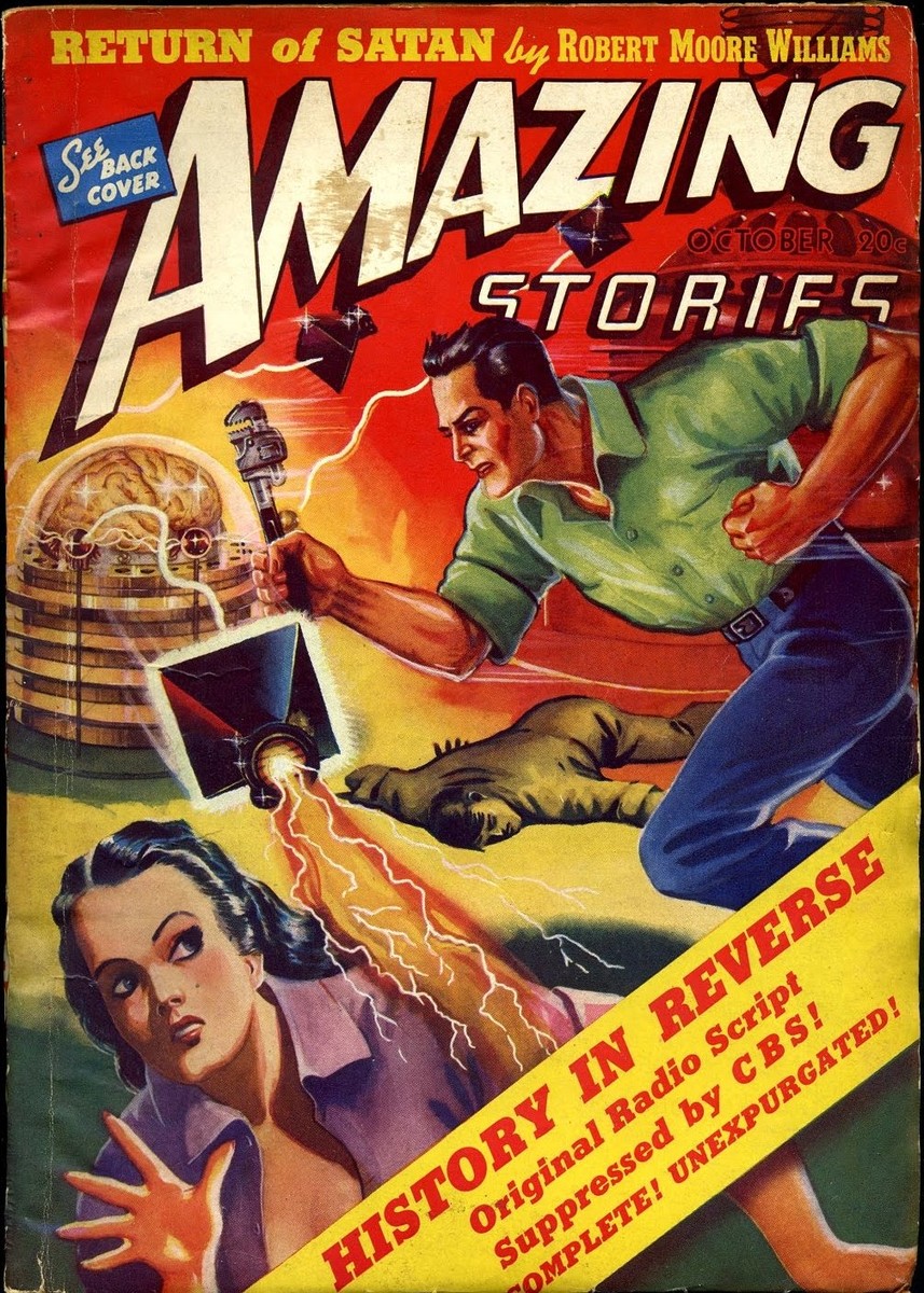 Amazing Stories Oct 1944: Brain Machine Attack & 'History in Reverse'