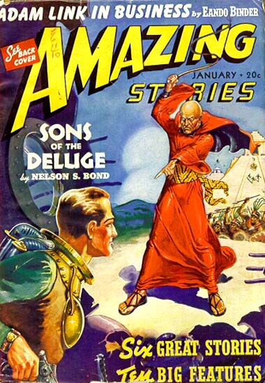 Amazing Stories January Cover: Sons of the Deluge Confrontation Scene