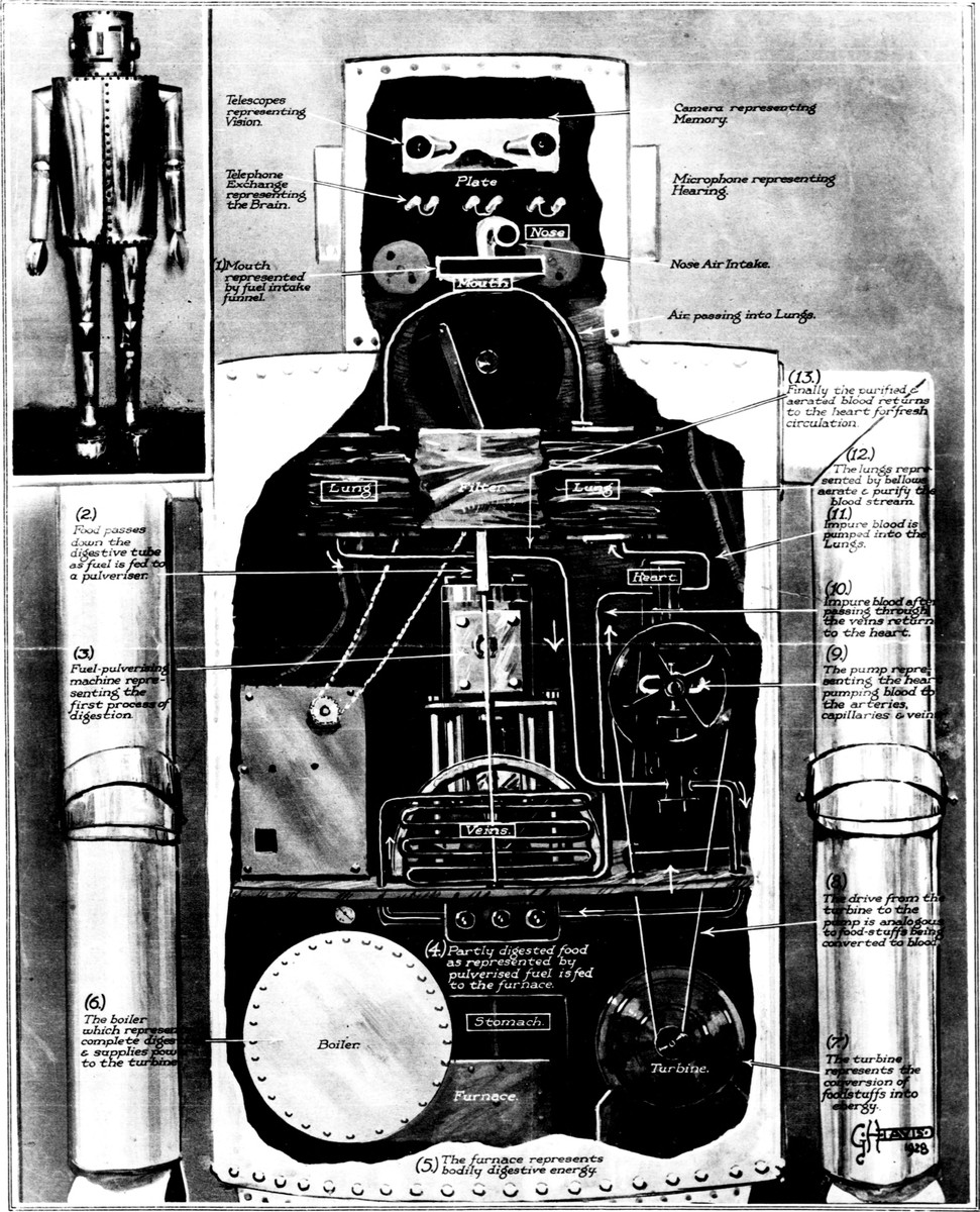 G. Harold's 1928 Mechanical Man Anatomy Diagram — Robot as Human Body