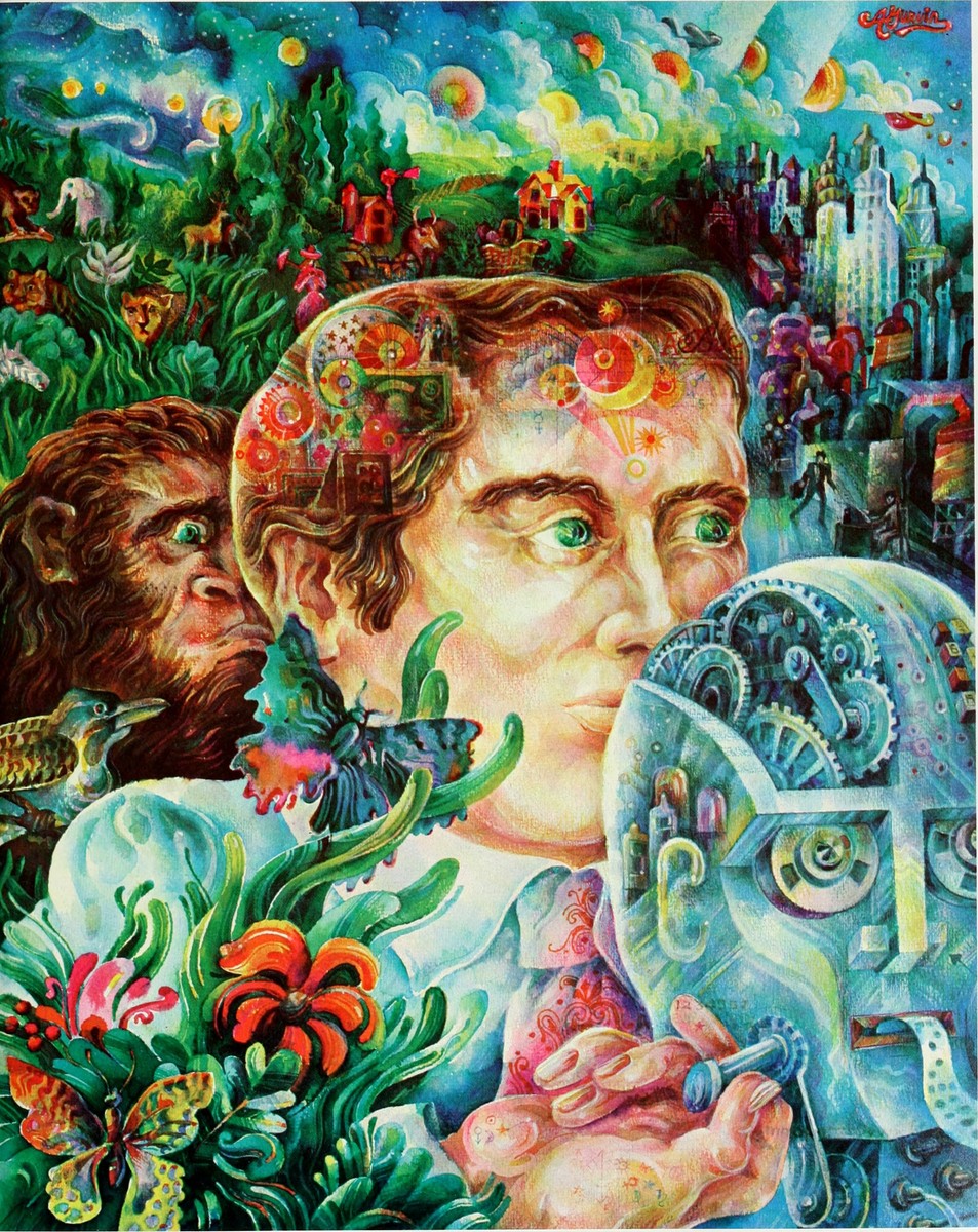 Human Evolution & Machine Age Allegory — Psychedelic Sci-Fi Oil Painting