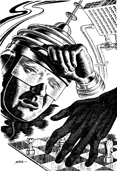 Robotic Chess Player vs. Human Hand — Atomic Age AI Brain Illustration