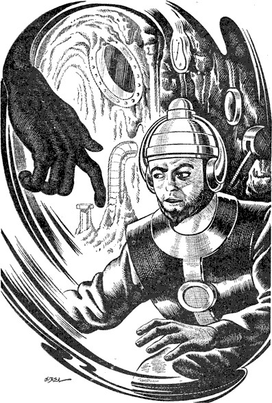 Helmeted Scientist Confronts Alien Entity — Golden Age Pulp Interior Art, c.1940s
