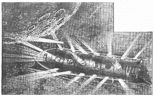 Rocket Spacecraft Approaching Cratered Moon Surface, Pulp Era Space Art