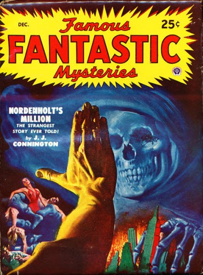 Death's Skeleton Looms Over Burning City — Famous Fantastic Mysteries Dec. 1941