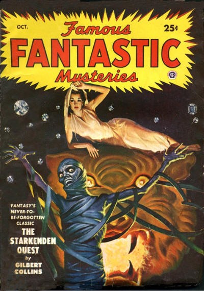 Famous Fantastic Mysteries Oct. Cover: Mummy Monster Reaches for Floating Woman, 1940s