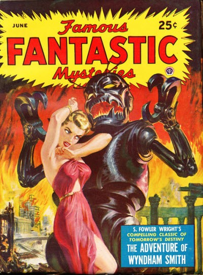 Famous Fantastic Mysteries June — Robot Menace Seizes Woman in Burning City