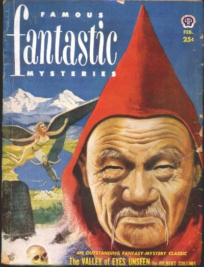 Sinister Sorcerer Looms Over Fleeing Woman, Famous Fantastic Mysteries Feb.