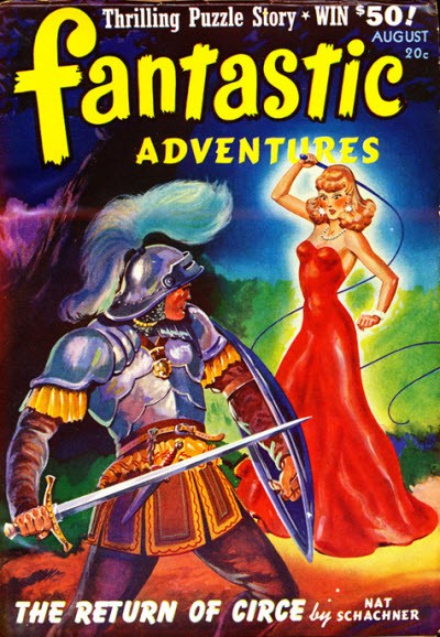 Fantastic Adventures Aug 1940s — Circe in Red Confronts Armored Knight