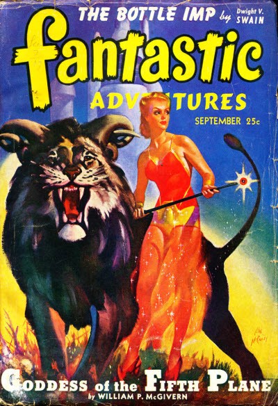Fantastic Adventures Sept 1948 — Goddess of the Fifth Plane, Lion & Sorceress Cover