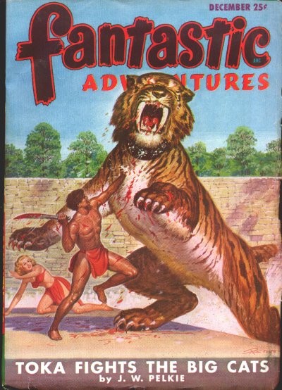 Fantastic Adventures Dec Cover: Toka Fights Giant Tiger, 1940s Pulp