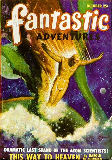 Golden Atomic Giant vs. Cosmic Serpent — Fantastic Adventures, October 1952
