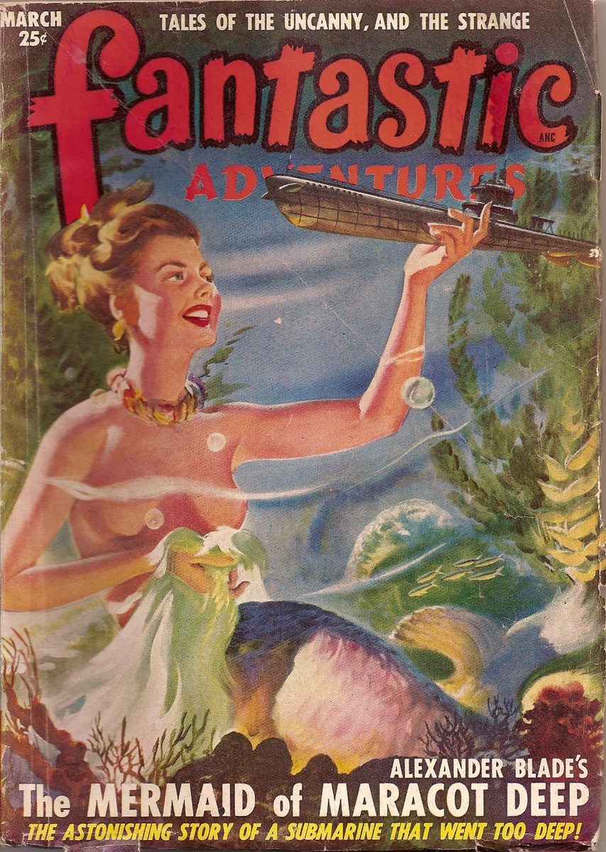 Giant Mermaid Holds Submarine, Fantastic Adventures March 1950