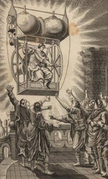 Man Ascends in Mechanical Flying Cage, Early Fantastic Voyage Engraving c.1700s