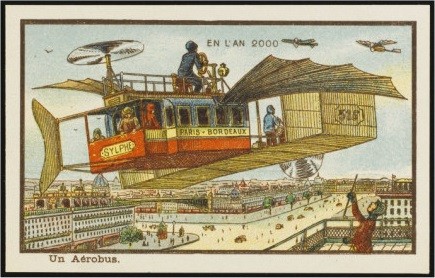 En L'An 2000: Parisian Aerobus Over City, French Futurist Trade Card