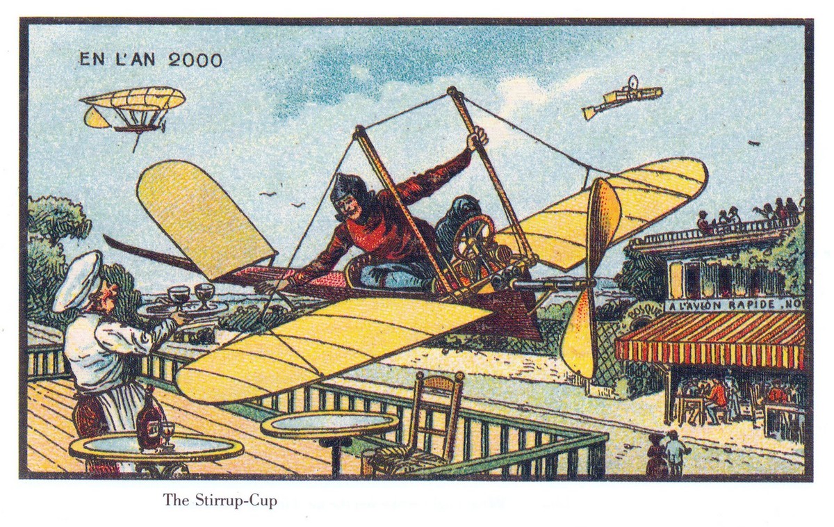 En L'An 2000: The Stirrup-Cup — French Retro-Futurist Airship Café Card
