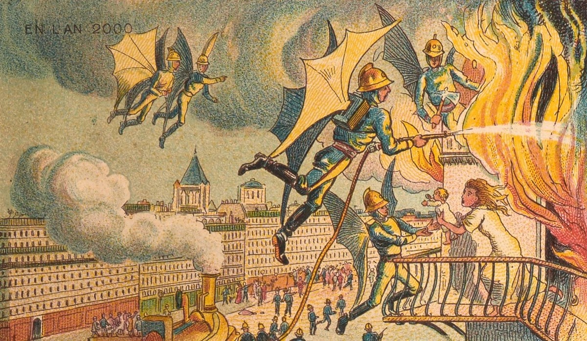 En L'An 2000: Flying Firefighters of the Future, French Chromolithograph c.1900