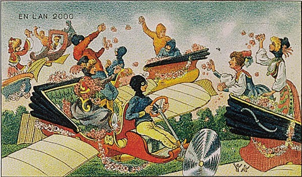 En L'An 2000: French Chromolithograph Flying Carriages Postcard c.1900